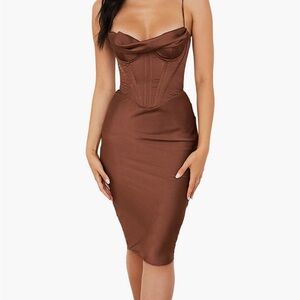 House of CB Myrna Satin Chocolate Brown Midi Corset Dress